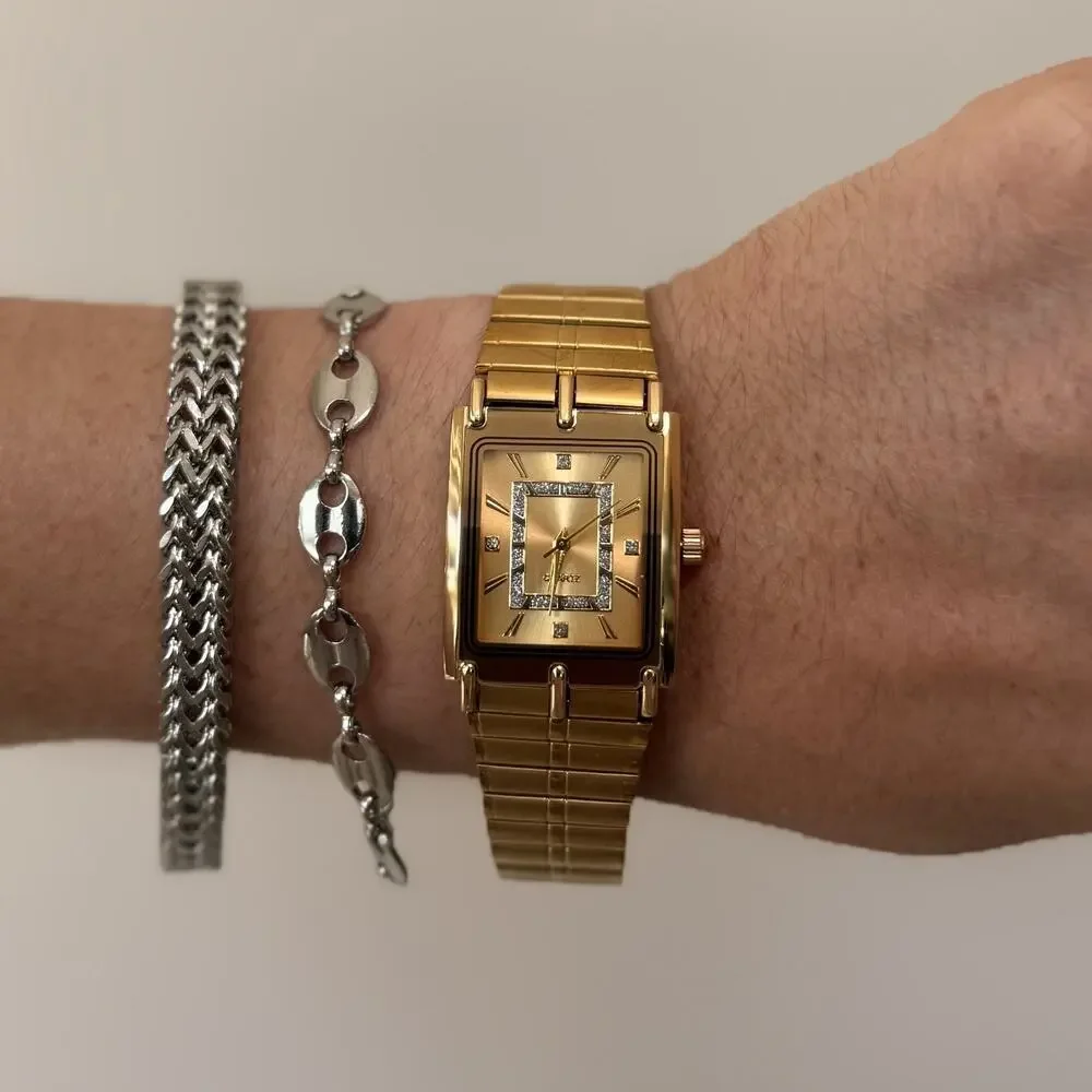 Y2K 2000s Gold Rectangle Quartz Watch Unisex Luxury Style 8.5” New
